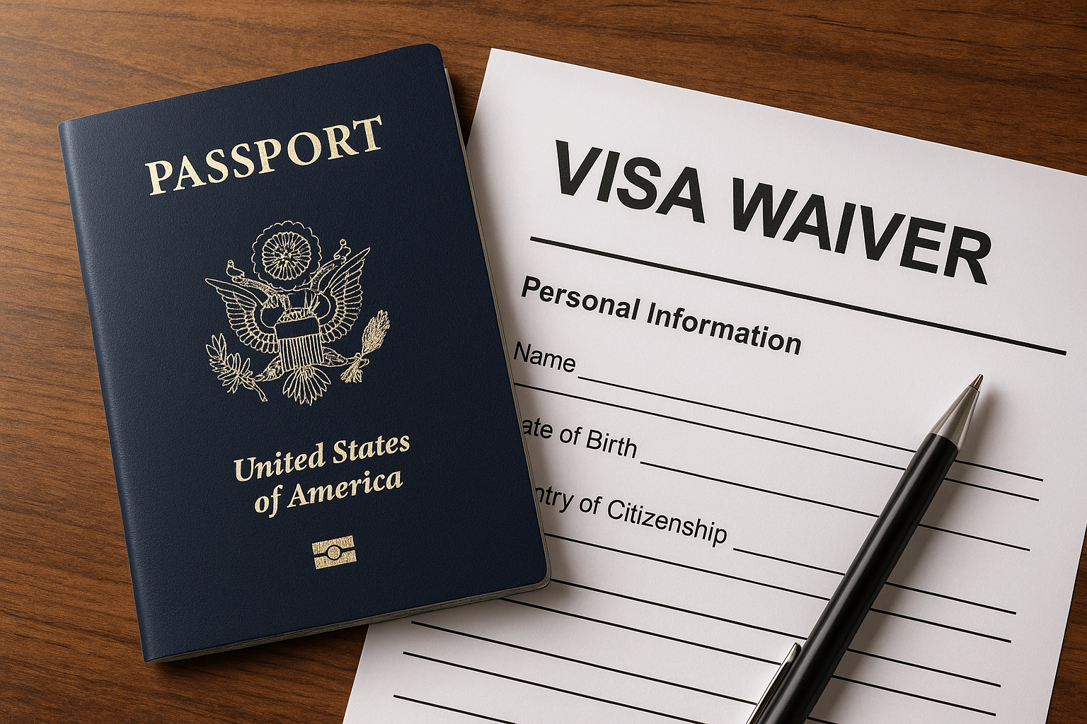 a generic passport partially covers a form that says "visa waiver."