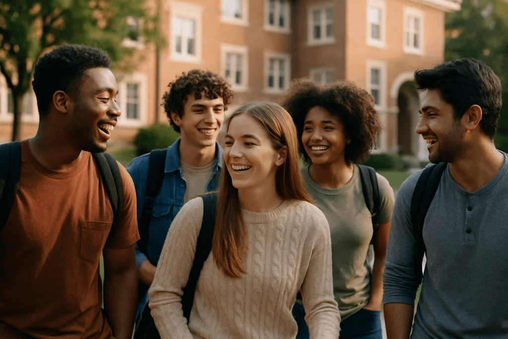 a multi-ethnic group of young college students laugh together